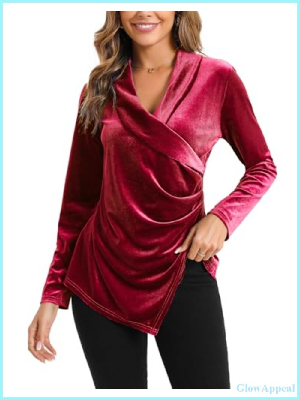 MOQIVGI Womens Velvet Long Sleeve Cross Wrap V Neck Ruched Blouse